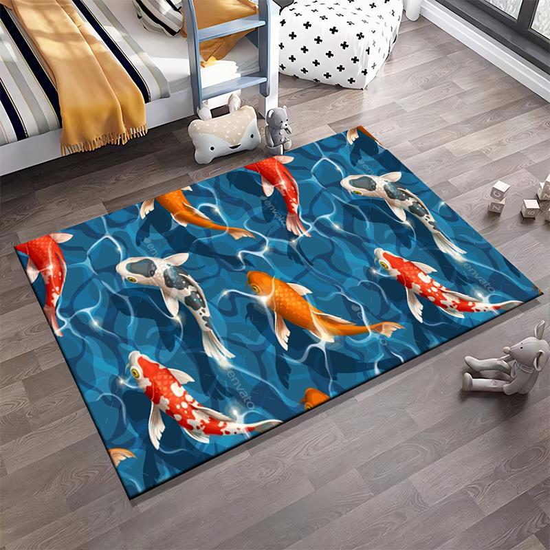 Colorful Koi Fish Carpet with Blue Water Design, Modern Home Decor Suitable for Use As an Anti-slip for Living Room Bedroom Sofas