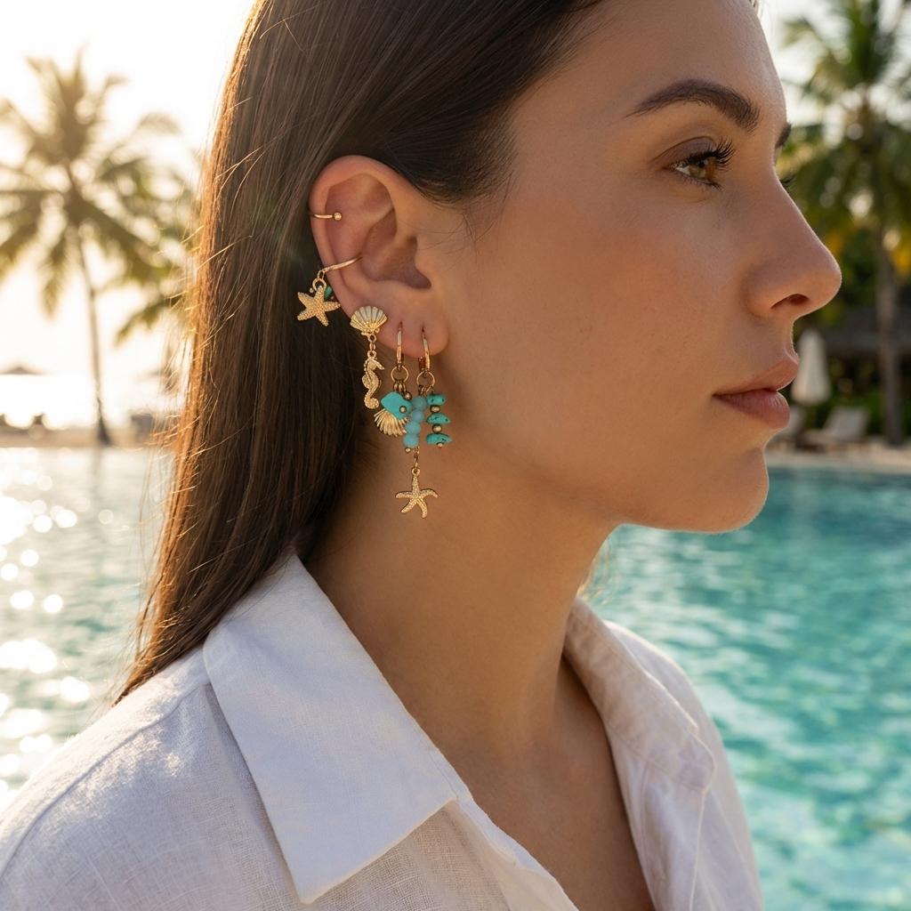 5Pcs/Set Boho Turquoise Ocean Earring Set for Women Starfish Dangle Ear Cuff Curated Ear Stack Summer Beach Jewelry Gift