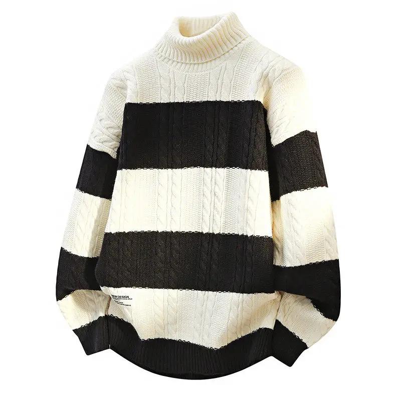 2026 Autumn Winter Men Striped Sweaters Men Turtleneck Casual Sweater Male Knitted Patchwork Jumper Man Streetwear Pullovers