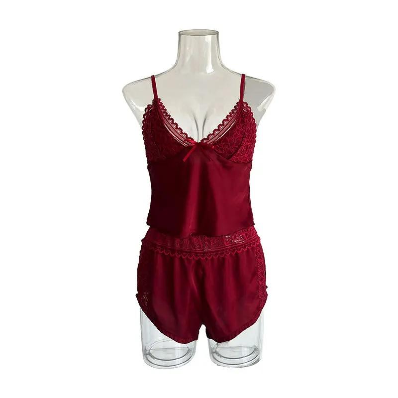 Sexy Summer Two Pieces Women Pajamas Set Deep V-Neck Tops And Shorts Pyjama Suit Ladies Sleeveless Nightwear