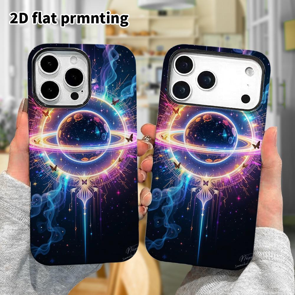 Phone Case: 2D flat design suitable for iPhone 18, 17, 16, 15, 14, 13 Pro film protective case, couple style, star ring and planet, Christmas and Hall