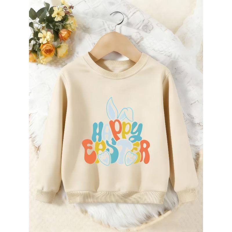 Unisex Kids Crewneck Sweatshirt, Colorful Happy Easter Bunny Ear Paw Print Pullover, Boys Girls Easter Casual Sweatshirt For Kids Over 4 Years Old