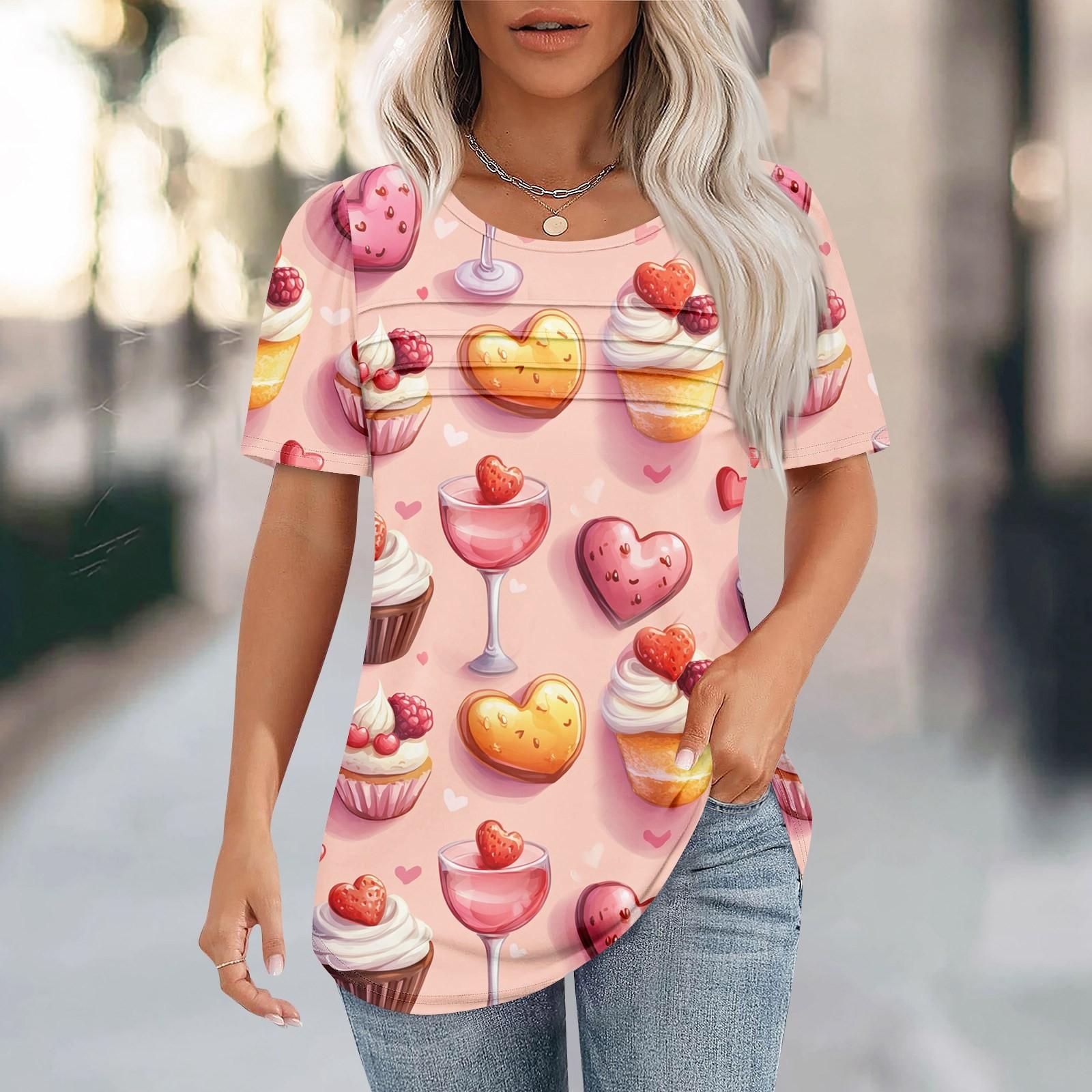 

Женский топ с короткими рукавами и круглым вырезом, с принтом в виде сердечек ко Дню святого Валентина, плиссированный L бежевый