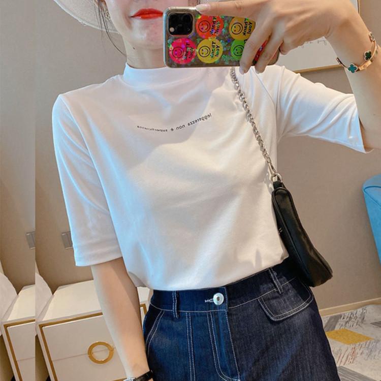 

Весенне-летняя новая женская футболка с принтом букв, белая однотонная, со средним рукавом и полувысоким воротом, базовая XXL белый