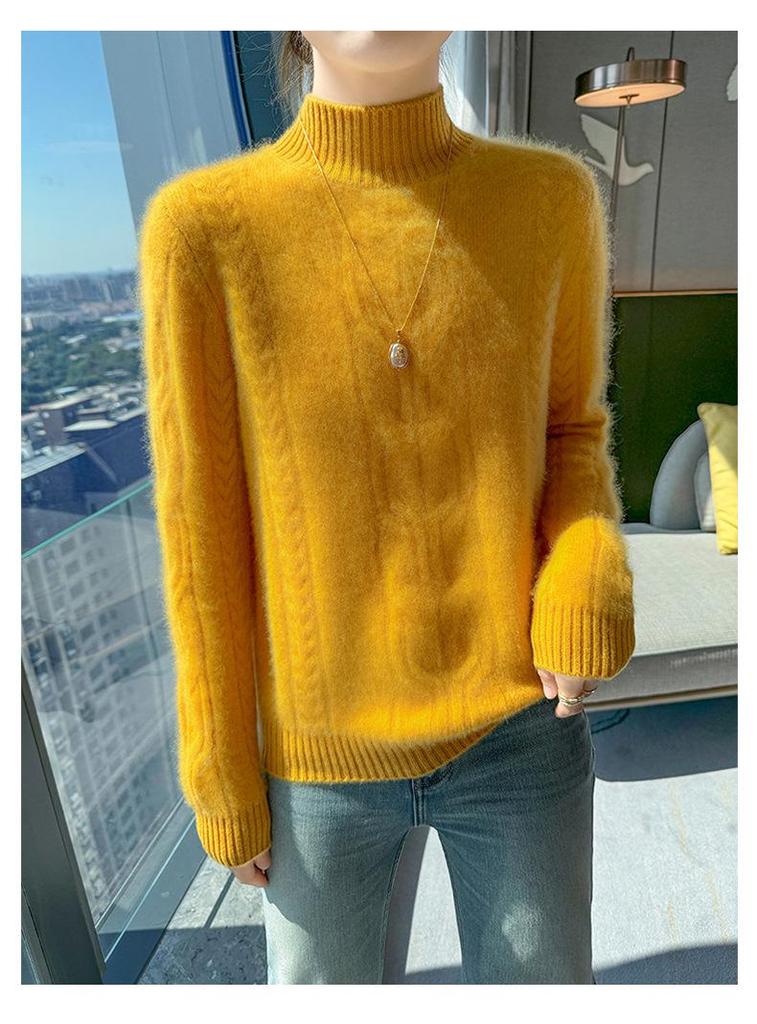 2024 Women's Autumn/Winter Wool Sweater - Solid Color, Thick Knit, Half-High Collar, Long Sleeve, Cable Knit Base Layer