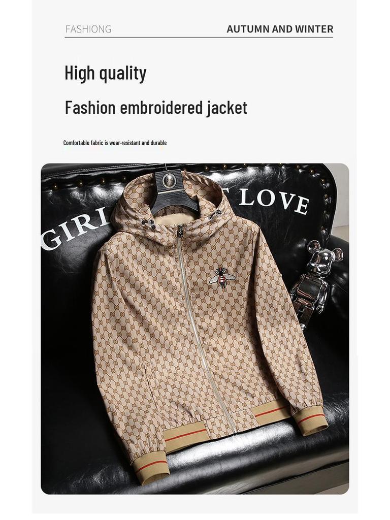 2023 Men's Hooded Embroidered Jacket: Little Bee Design, Casual Fashion for Spring & Autumn