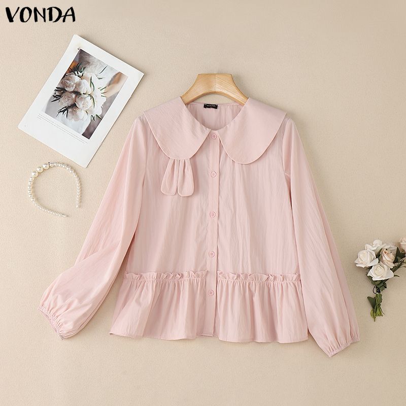 

VONDA Women Casual Doll Collar Loose Long Sleeve Buttons Ruffled Blouse 2XL
