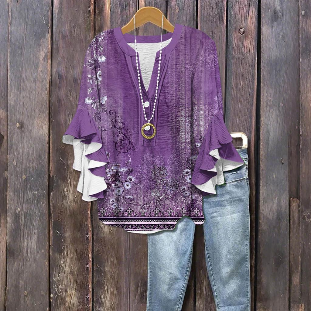 Modă Femei Casual Buton Gât V Mânecă Șapte Bluză Top Imprimeu Vintage