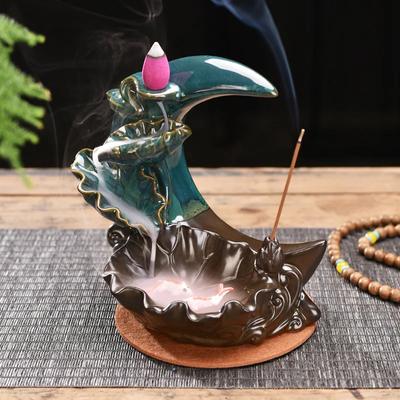 Mondlicht über dem Lotusteich, Wasserfall-Rückfluss-Räuchergefäß, Räucherstäbchenhalter, Aromatherapie-Ornament, Zen-Dekor, Tee-Haustier