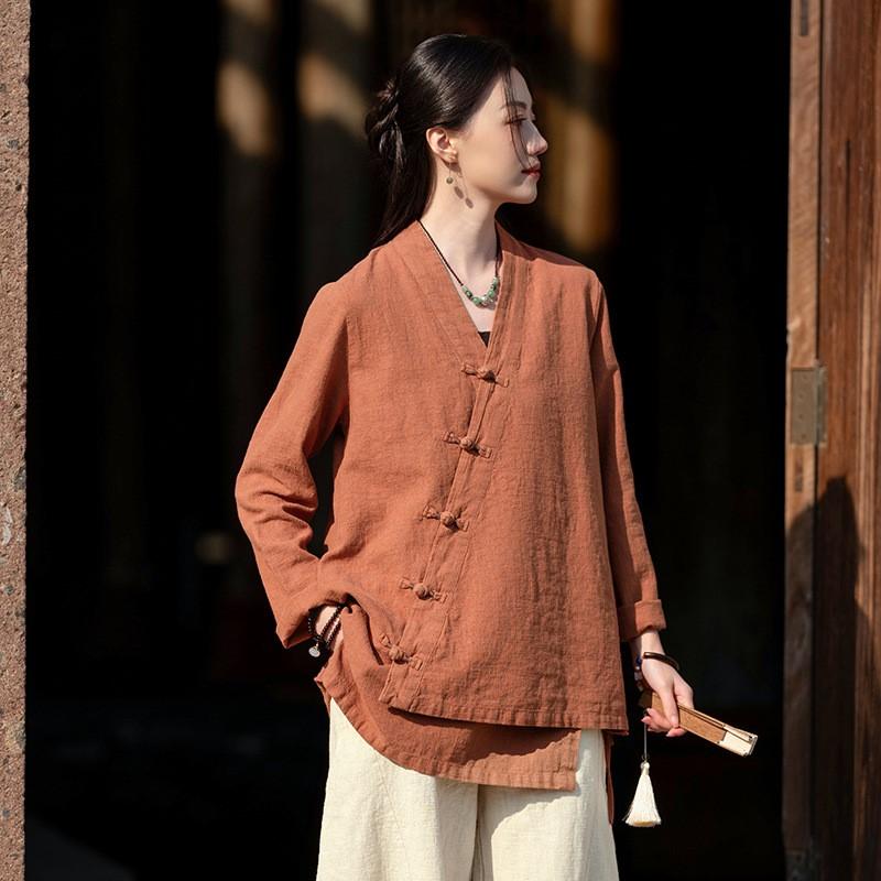 Johnature Women Vintage Shirts Tops V-Neck Long Sleeve Spring Blouses Solid Color Loose Spring Shirts