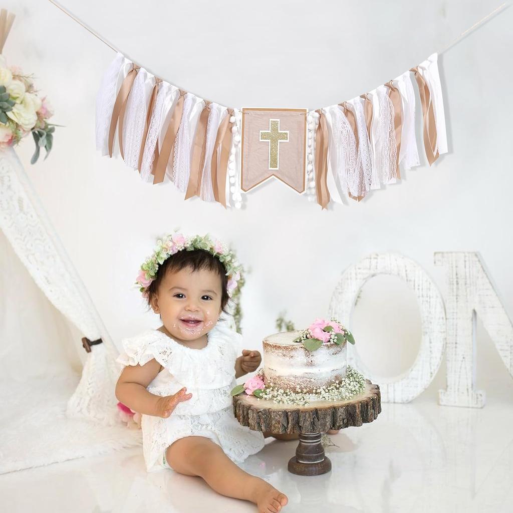 God Bless Cross High Chair Banner,Baptism Party Decorations,First Holy Communion Ribbon Banner,Boys Girls Baptism Party Highchair Banner,Garland