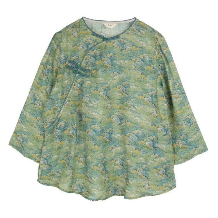 Vintage Floral Print Women T Shirts Chinese Style Loose Button Seven Sleeve Spring Tops