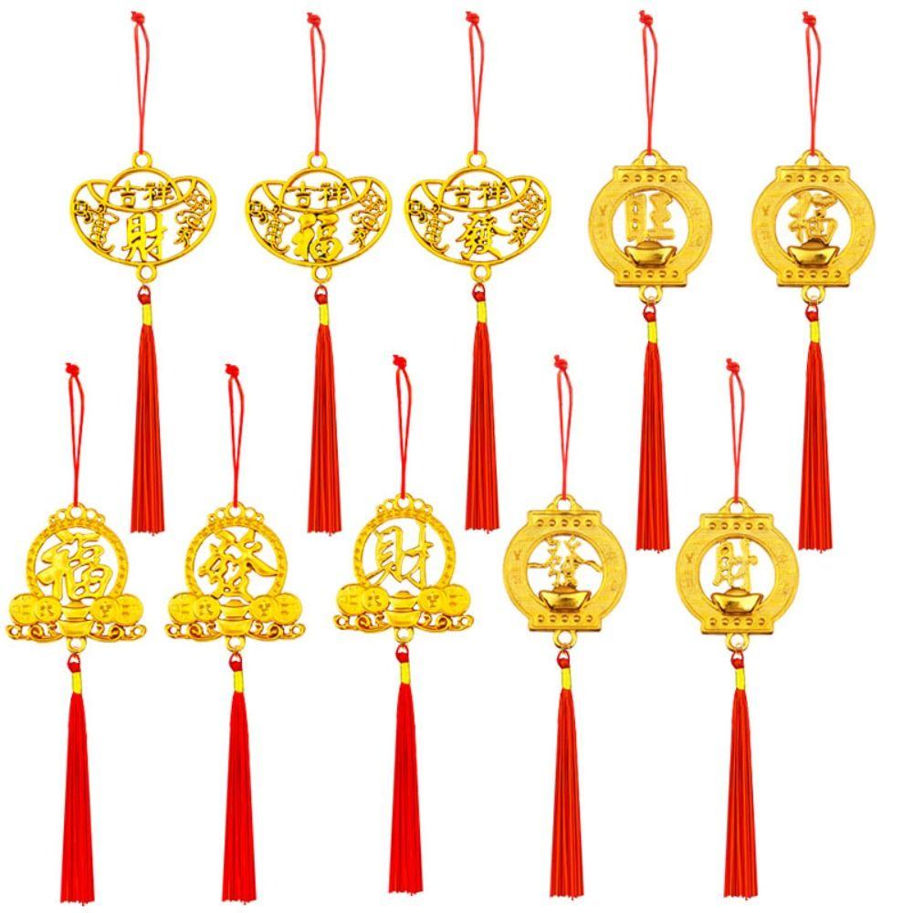6/10Pcs Gold Chinese New Year Pendant Good Luck Waterproof Spring Festival Bonsai Pendant with Tassel Wealth