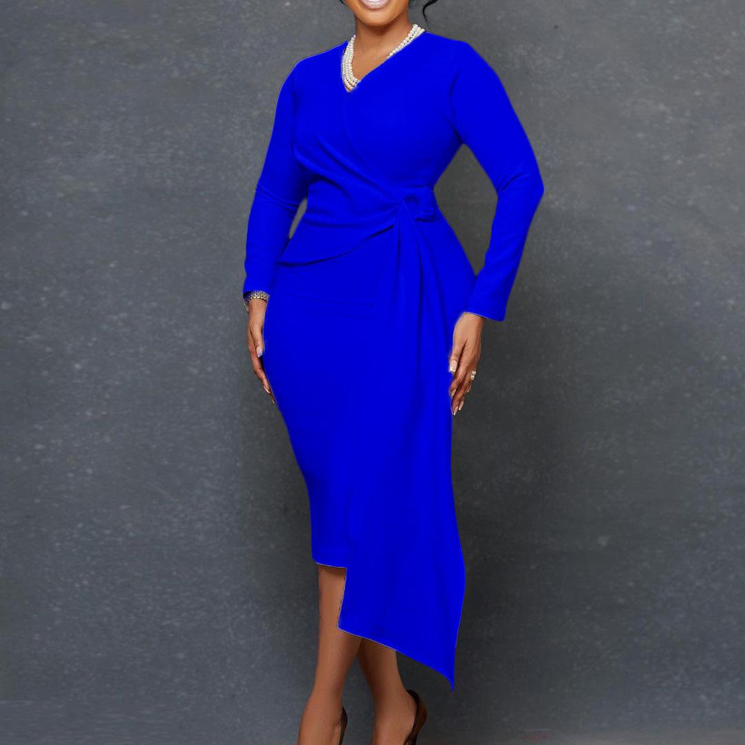 

YYFS Женская мода весна-осень однотонный принт длинный рукав О-образный вырез высокая талия повседневные платья XXXL королевский синий