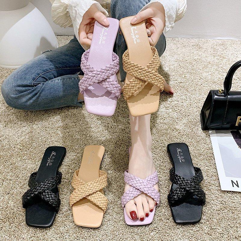 Slippers women's summer outer wear ins tide 2021 new fashion Korean version woven cross flat bottom one word cool slippers