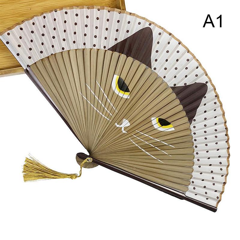 1 Piece Cat Pattern Bamboo Folding Fan For Women Cute Cartoon Cat Hand Fan Kimono Bathrobe Hand Fan Crafts Decoration