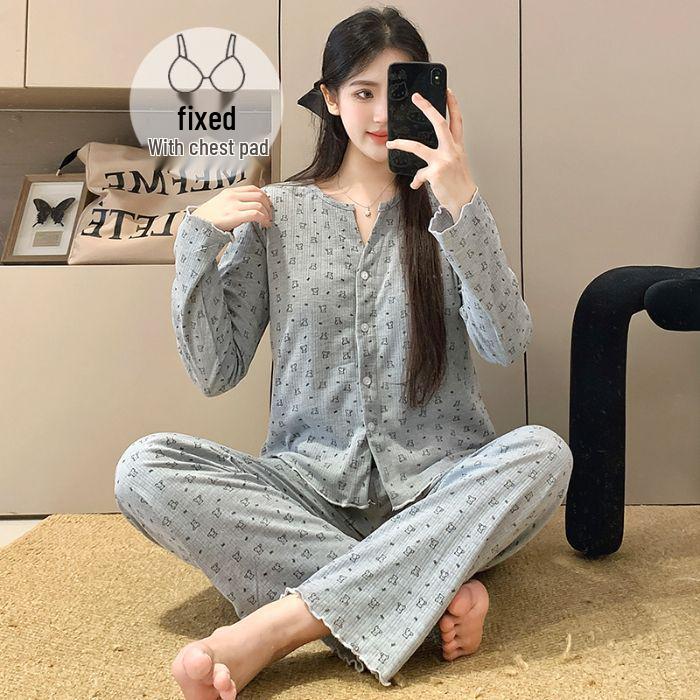 Korean Floral Cotton Pajama Set for Women with Chest Pads - Pink, Autumn 2025