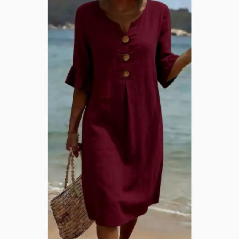 Casual Cotton Linen Midi Sundress with Ruffle Sleeves and Button Details