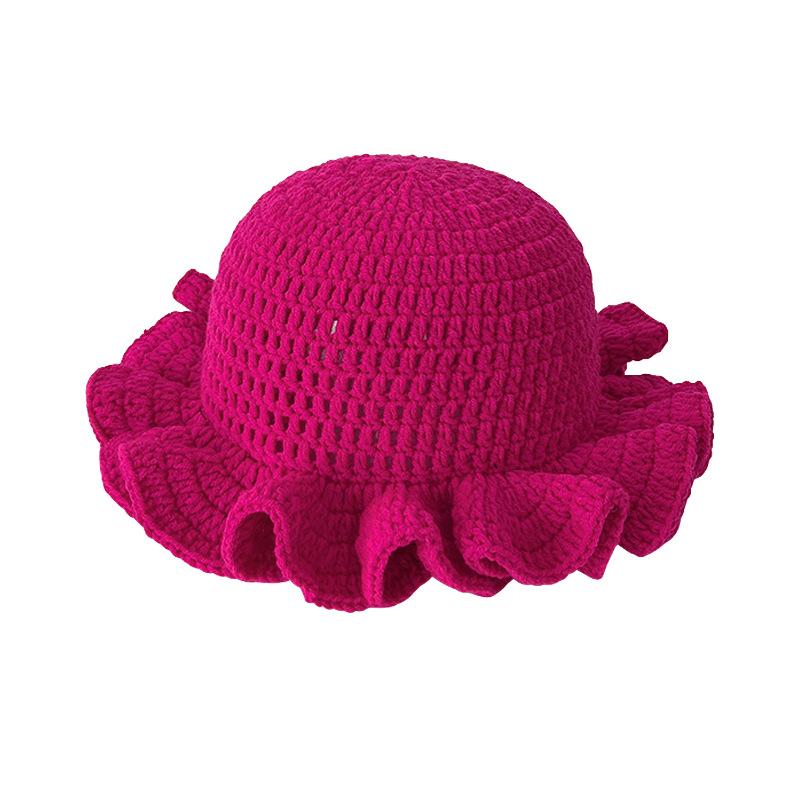 Spring, Autumn and Winter Crochet Pleated Bamboo Hat Adult Lace Wool Hat Ruffle Leaf Edge Pullover Fisherman Bucket Hat