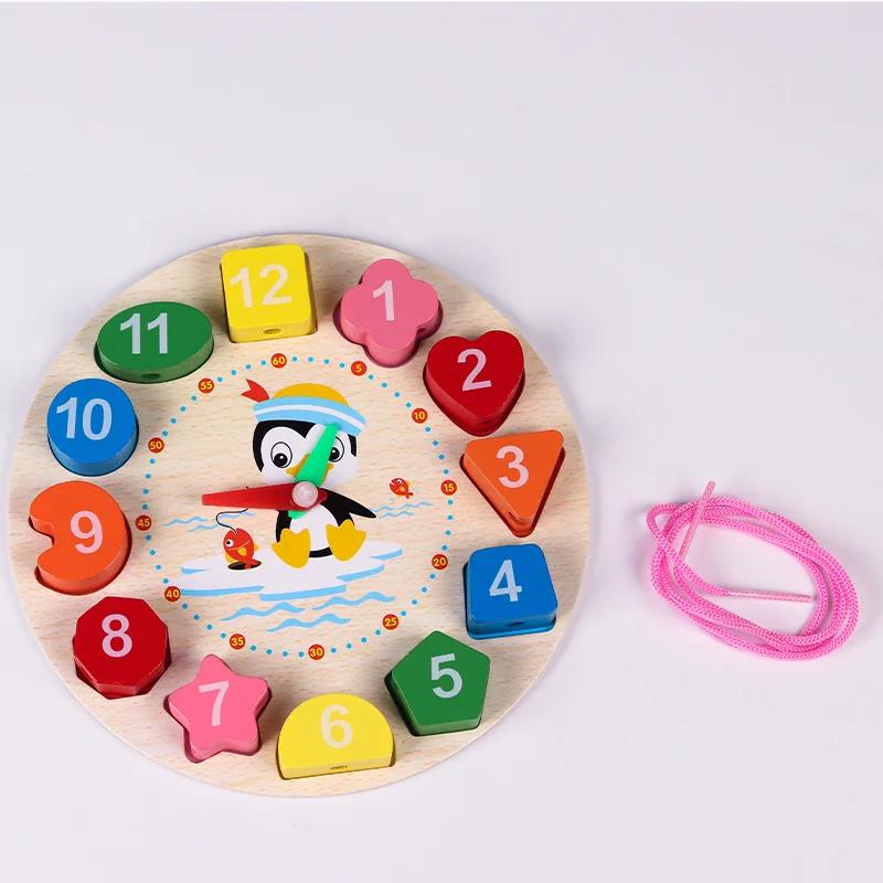 

Wooden Blocks Puzzle Shape Number Color Sorting Clock Montessori Toys for Kids Early Education Penguin Patterns Time Learning