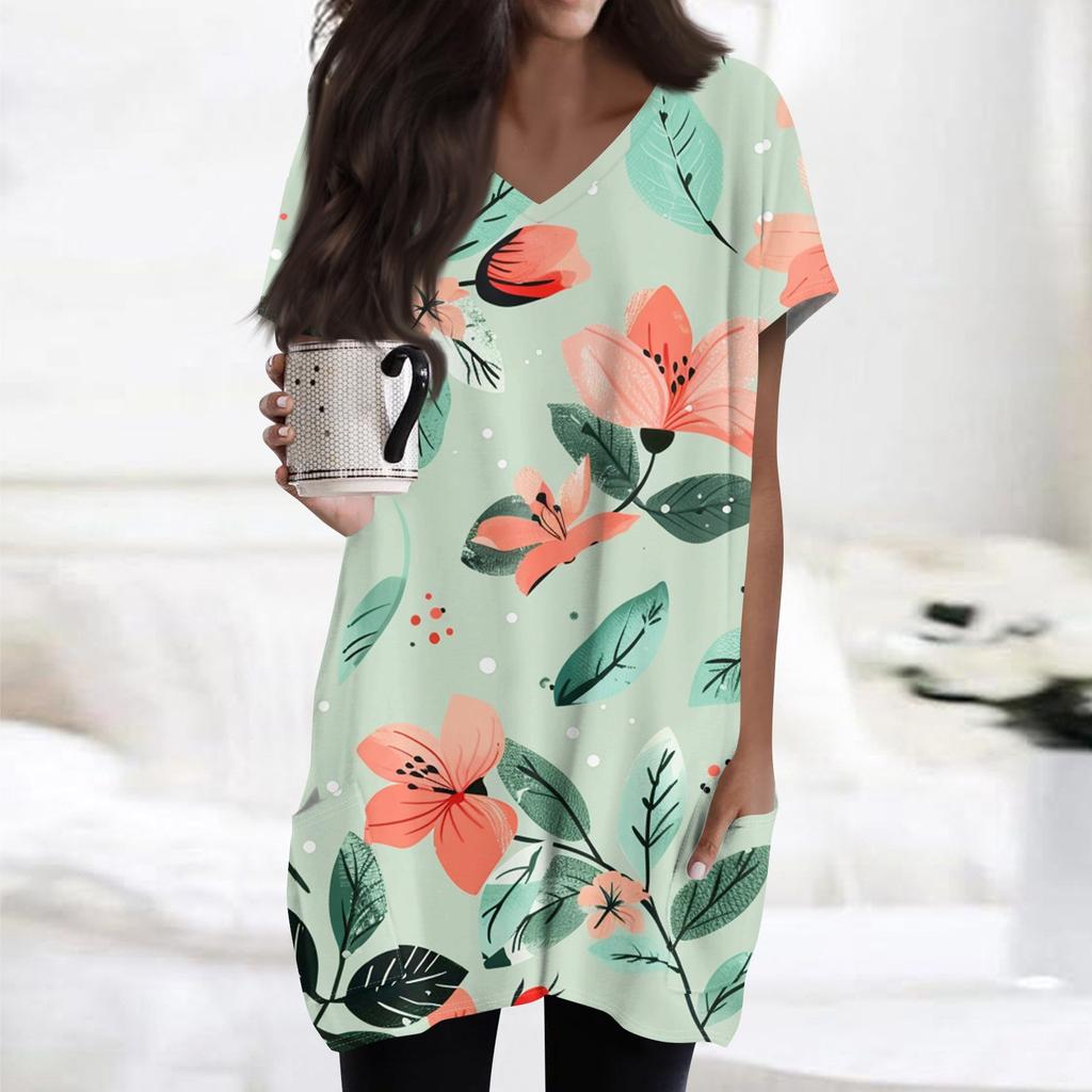 Damen Retro Blumen- und Blätterdruck V-Ausschnitt Midi Tasche Kurzarm Top