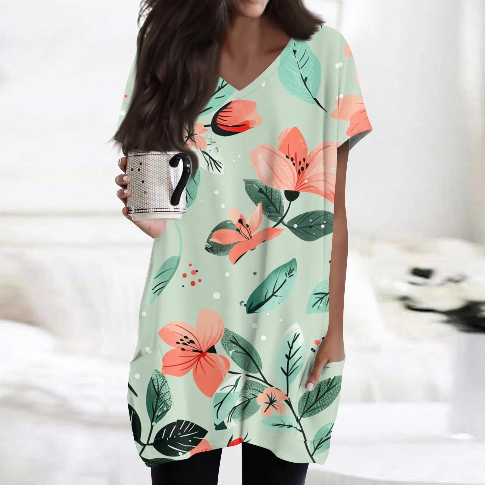 

Women s Retro Flower And Leaf Print V-Neck Midi Pocket Short Sleeve Top L циан