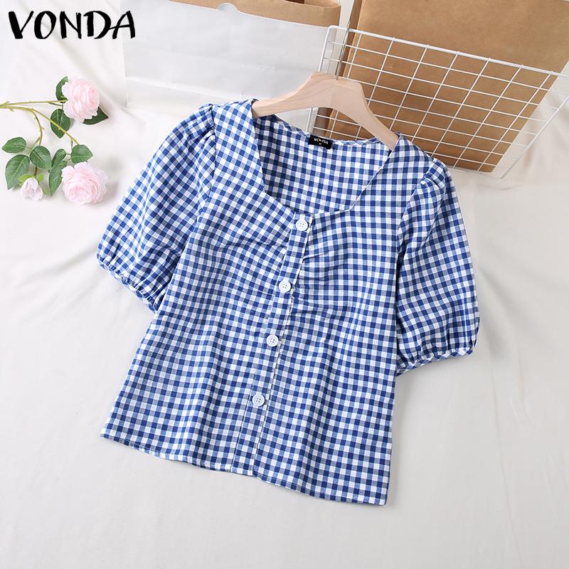

VONDA Летняя женская клетчатая блузка с квадратным вырезом и пышным рукавом