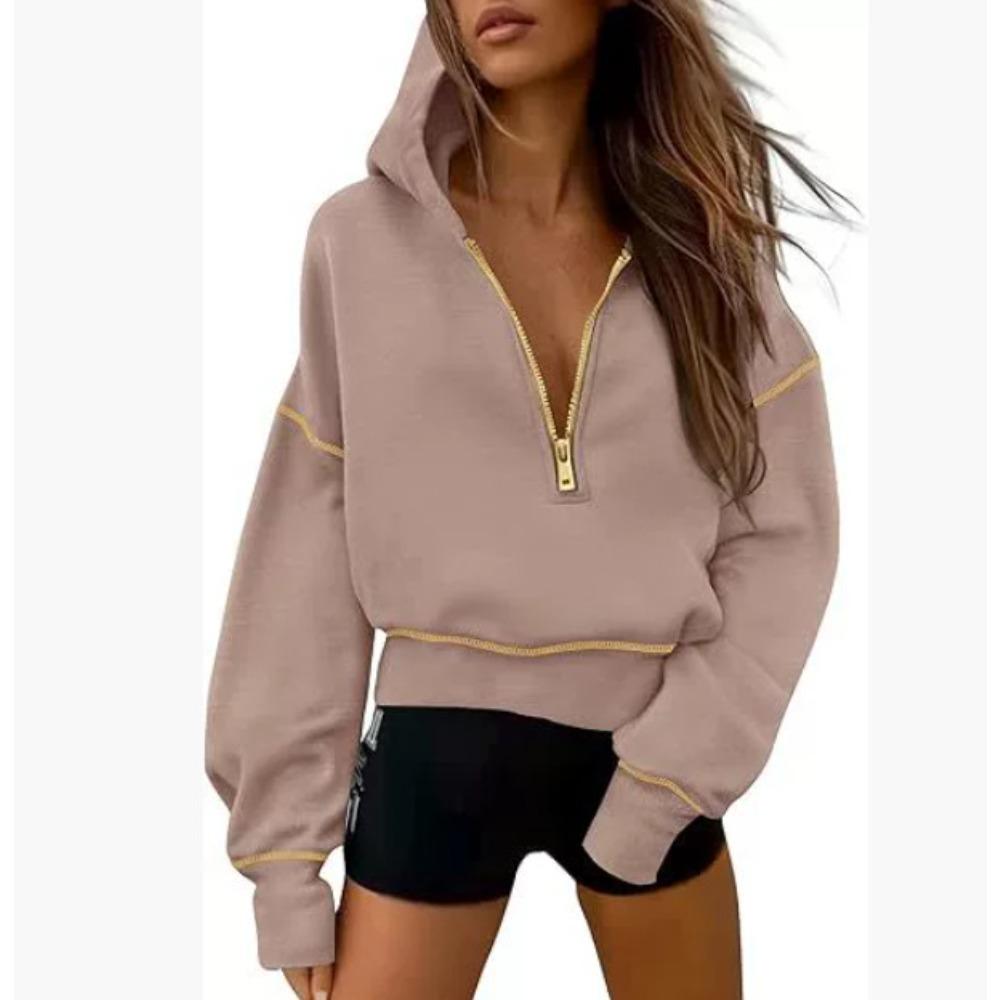 Women's Hood Neck Long Sleeve Half Zip Cropped Hoodie Loose Fit Casual Sweatshirt