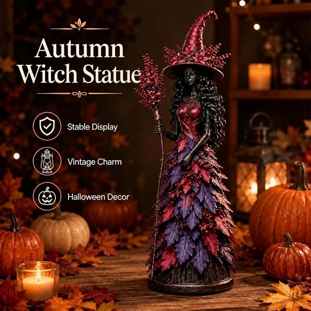 Figurka podzimní čarodějnice s tématem sklizně, pryskyřičný materiál, dekorace na polici pro čarodějnici, Halloweenská sezóna