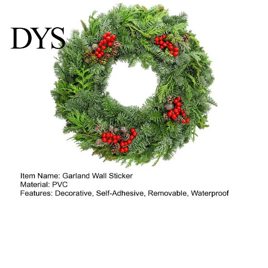Indoor Outdoor Seasonal Ornament Christmas Garland Wall Sticker, Pine And Cypress Branch Decal with Red Berries & Peel Stick Cones, Xmas Wreath