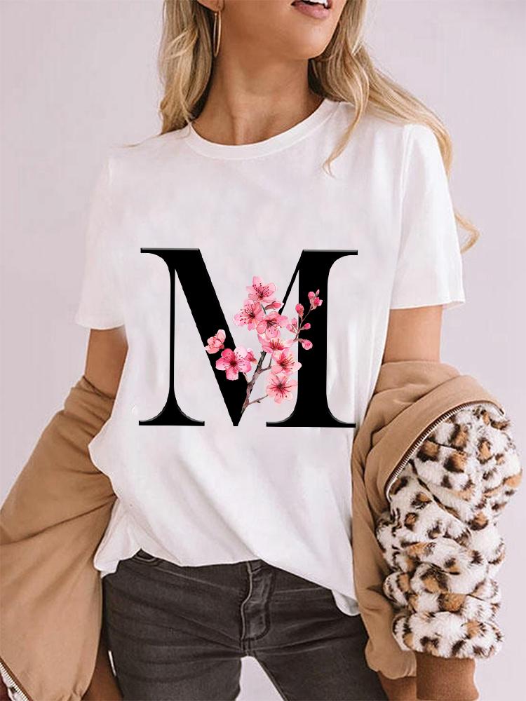 Elegant Cherry Blossom Initial Az Tshirt Unisex Crewneck Floral Letter Graphic Girls Y2k Tops Fashion Mama Birthday Gift Tshirt