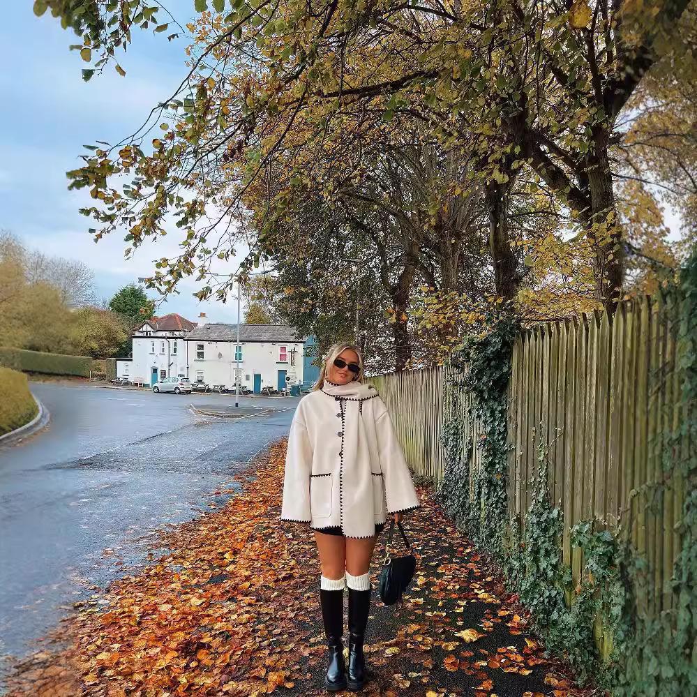 Women's European & American Style Scarf Spliced Casual Woolen Coat - Fashionable, Versatile, and Loose Fit