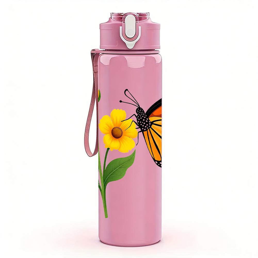 1PC Monarch Daisy Butterfly 750ml Color Plastic Sports Water Bottle Leakproof Flip Straw Lid Suitable for Sports Office Home Use