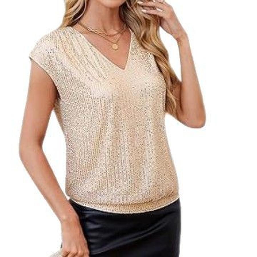 Spring Autumn New Arrivals Shoulder Strap Sequin Slim V-Neck Solid Color Top T-Shirt for Women