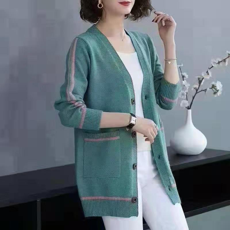 Herbst und Winter Damen V-Ausschnitt Strickjacke Langärmliger Lockerer Mittelanger Gestreifter Pullover
