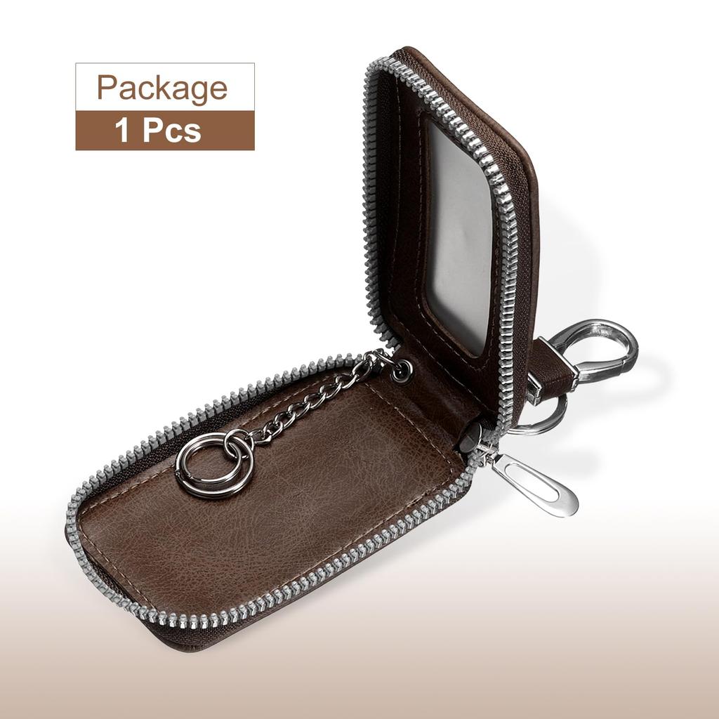 Khaki Key Fob Case Leather RFID Compatible Smart Keychain Key Holder with Metal Hook Key Ring Zipper Bag for Limo Conkey Fob Brown [uxcell]