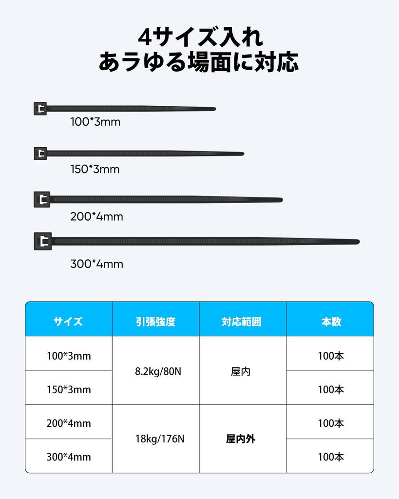 Highwings Cable Ties, 400-Pack, 4 Sizes, Durable, Weather-Resistant, Black, Nylon, Self-Locking, for Outdoor Use, Gardening, Motorcycles, and Cable