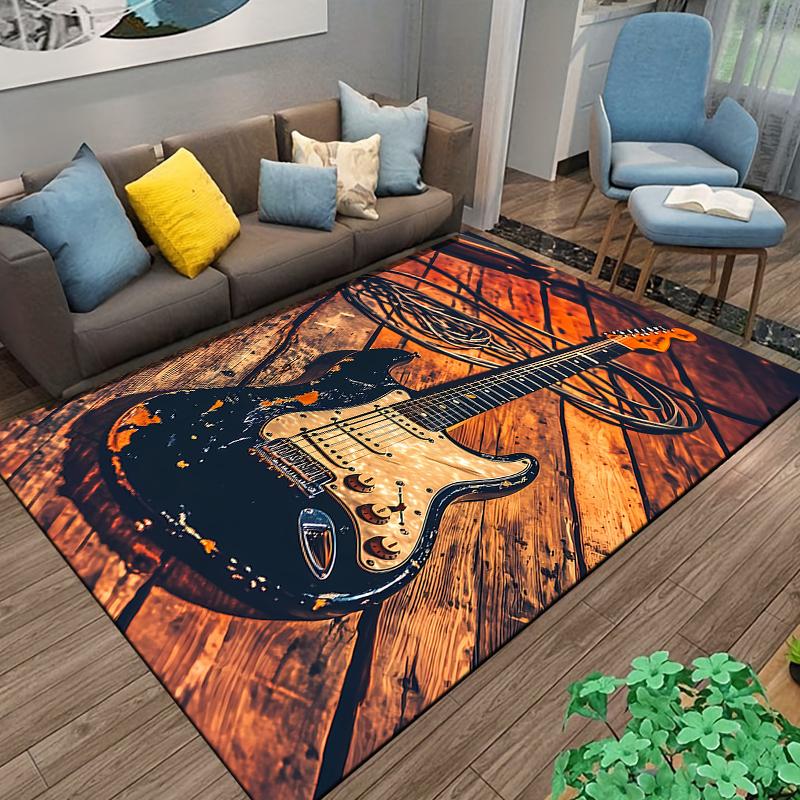 Electric Guitar Art Print Carpet with Rustic Wooden Background Design Suitable for Use As an Anti-slip for Living Room Bedroom Sofas