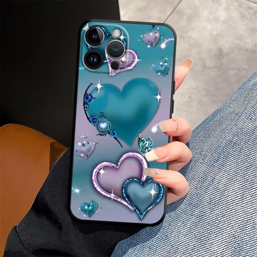 Heart-Shaped Design Black Soft Phone Cover Case for iPhone XS Max 15 16 14 Plus 13 12 11 17 Pro Max 7 8 Air XR