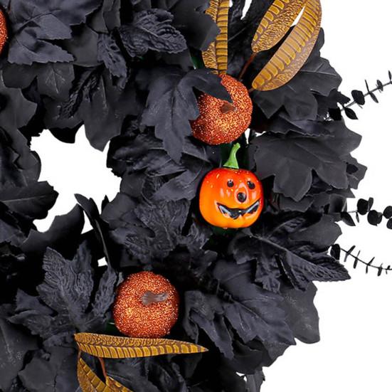 20 Inches Halloween Wreath for Front Door Black Eucalyptus Wreath with Artificial Pumpkin Feather for Indoor Outdoor Wall Window Porch Patio Decor