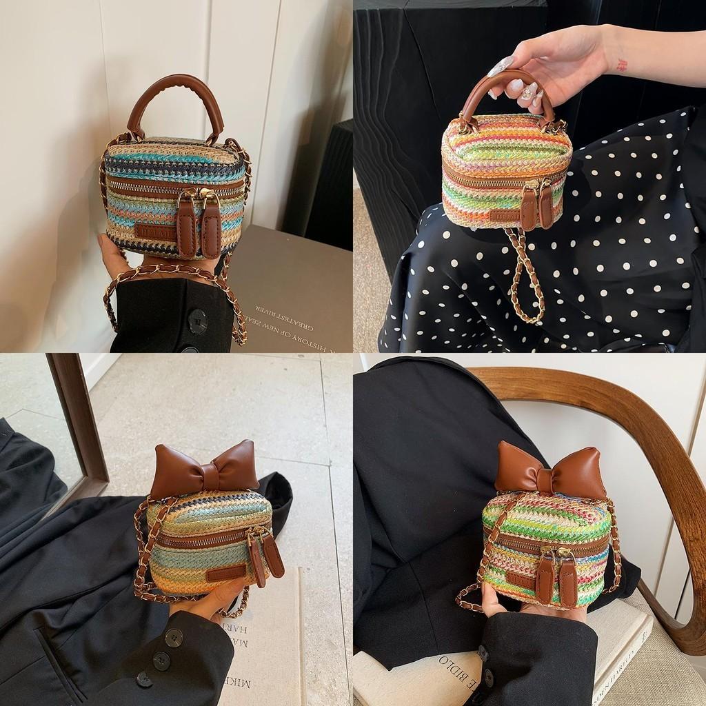 Chic Woven Pu Mini Handbag Stylish Striped Pattern Ultra-light Trendy Purse