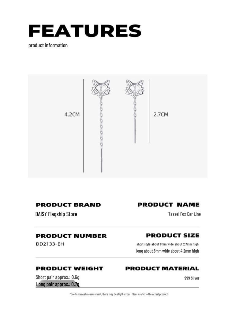 999 Sterling Silver Fox Ear Thread High-End Tassel Dangle Earrings for Women