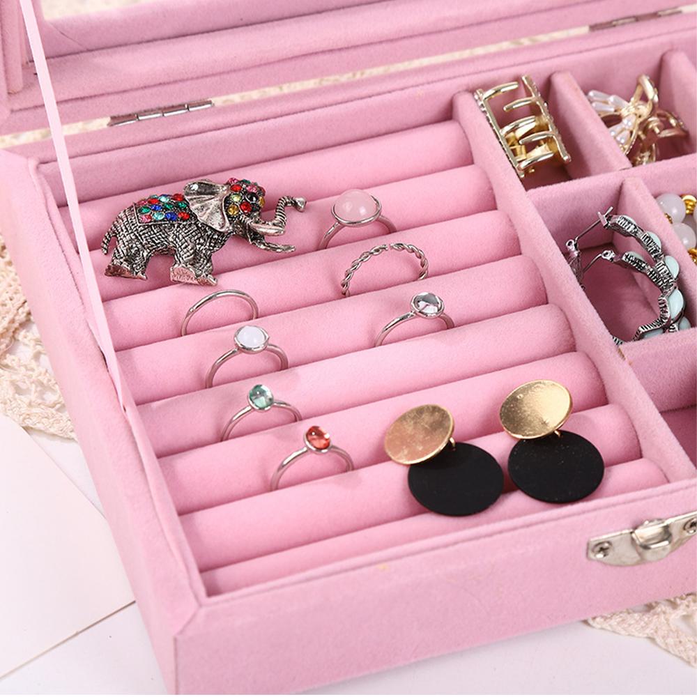 Portable Pink Carrying Case with Glass Cover Jewelry Ring Display Box Tray Holder Storage Box Organizer Earrings Ring Bracelet