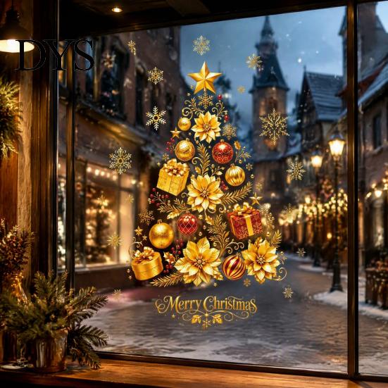 Large Christmas Tree Wall Clings 2 Sheets Gold Window Clings, Static Stick Snowflake Office Decorations Bauble Glass Decals, No-Glue Removable Winter