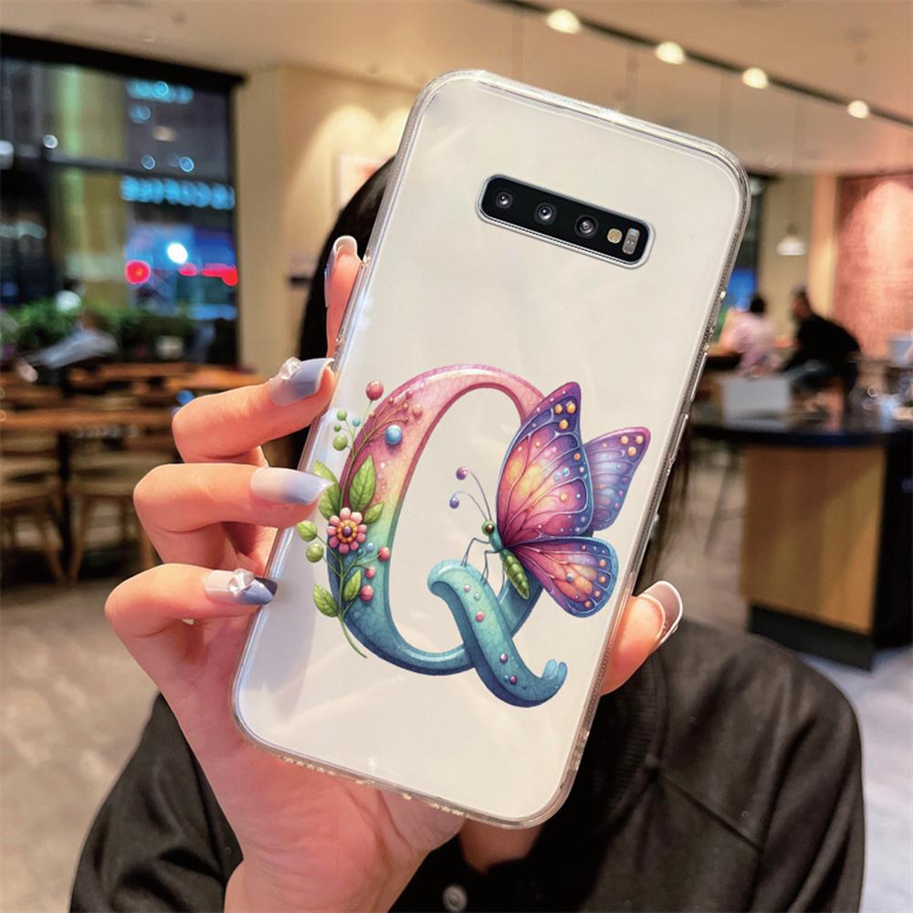 For Samsung Galaxy S10 Plus S10+ S10e Silicone Cover Transparent Clear Samsung s10 Cute Blue Butterfly Flower Letters Phone Case