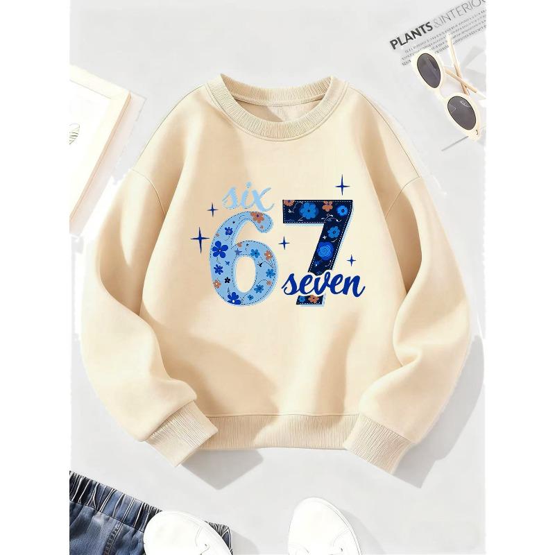Kids Floral Six Seven 67 Print Sweatshirt Unisex Boys Girls Blue Flower Crewneck Long Sleeve Pullover Black Casual Children Streetwear Sweat Top