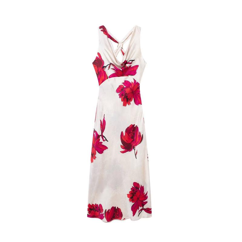 

Summer European & American Women s Silk Satin Print Midi Dress Medium