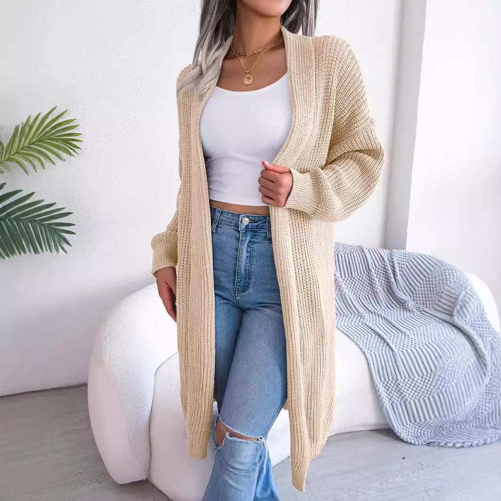 Autumn and winter European and American sweaters and cardigans solid color loose fashion casual buckle-free medium and long jackets