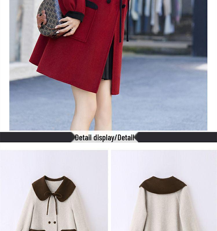 Versatile Color-Block Doll Collar Wool Coat: Korean Style, Mid-Length, Age-Reducing, Petite Loose Fit for Women (Autumn/Winter)