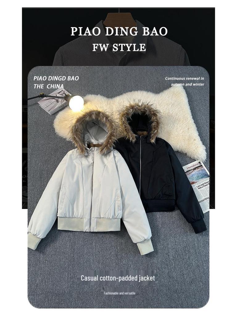 Sitting Mountain Lion Winter Men's Fishbone Pattern Cotton Jacket with Detachable Hood, Plus Velvet for Extra Warmth, Trendy Outerwear.